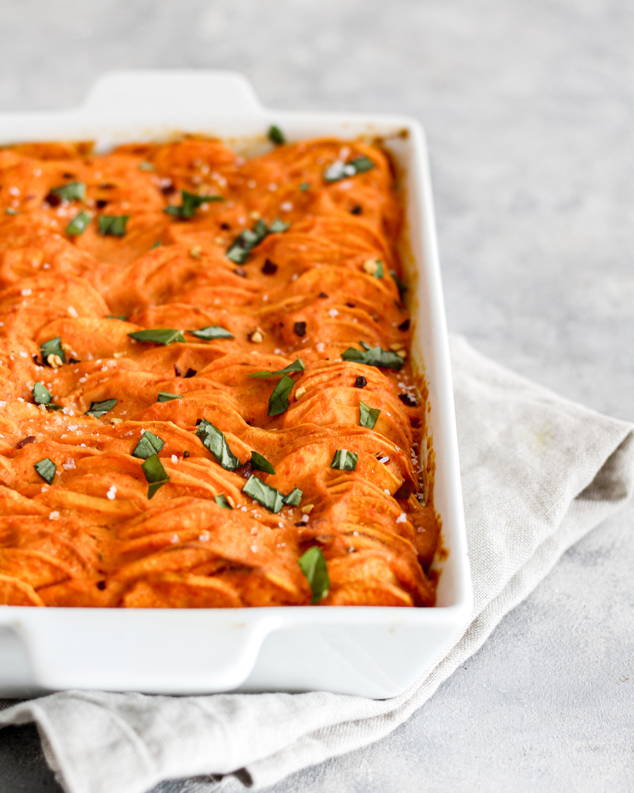 Hasselback Sweet Potatoes with a Red Pepper Sauce Ninja Kitchen